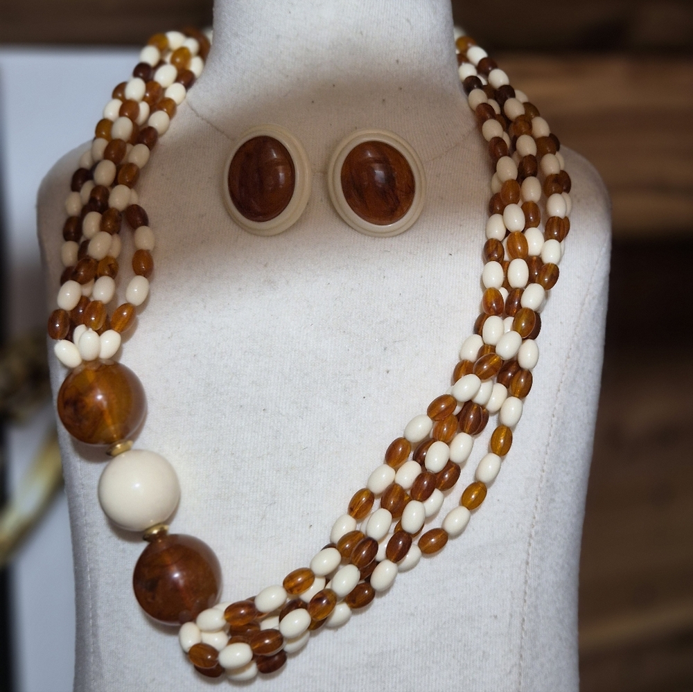 Avon 1995 Amber and Cream Multi-Strand Bead Necklace with Matching Clip Earrings